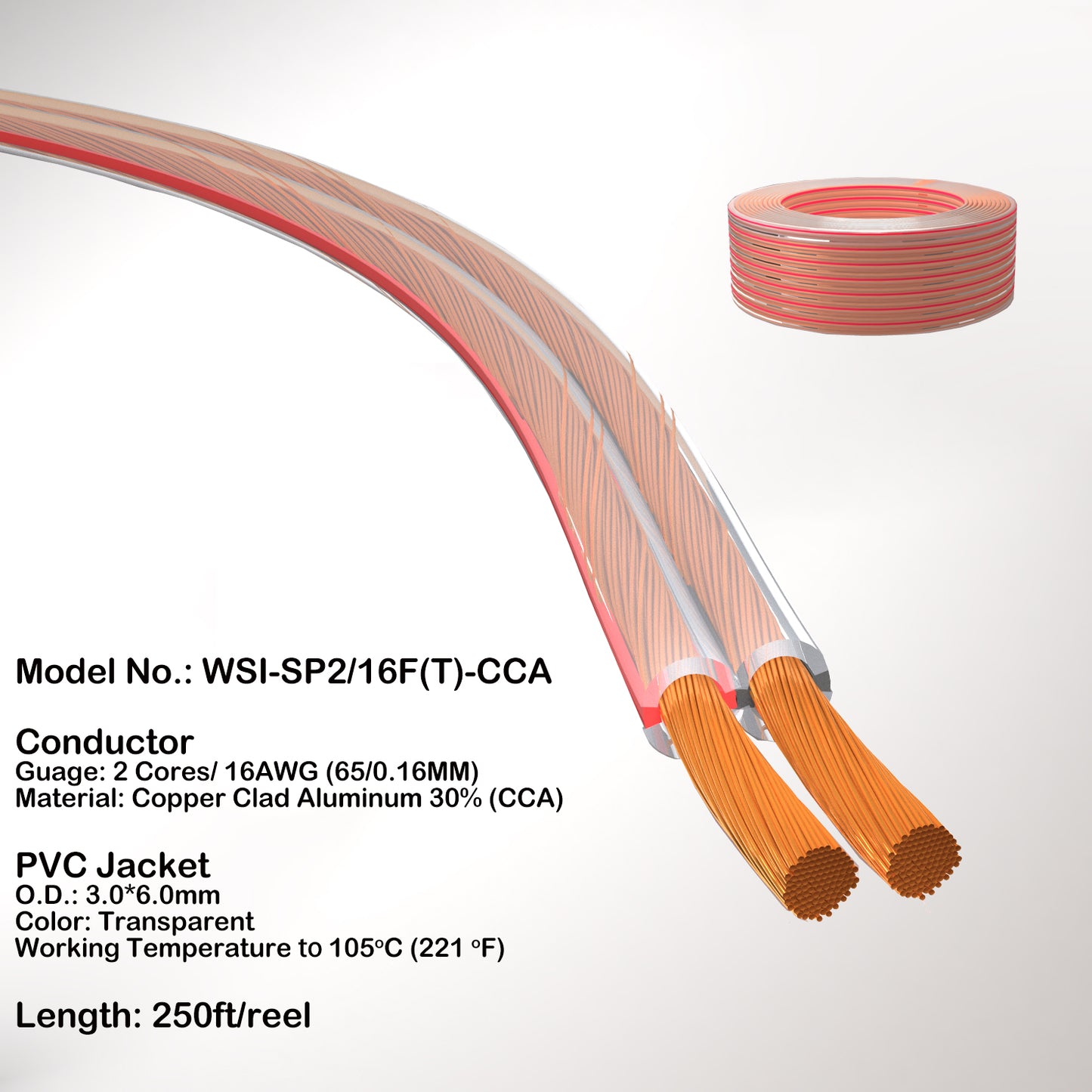 Speaker wire red and black or Transparent Jacket 2 cores 16AWG Copper Clad Aluminum CCA for home theatre