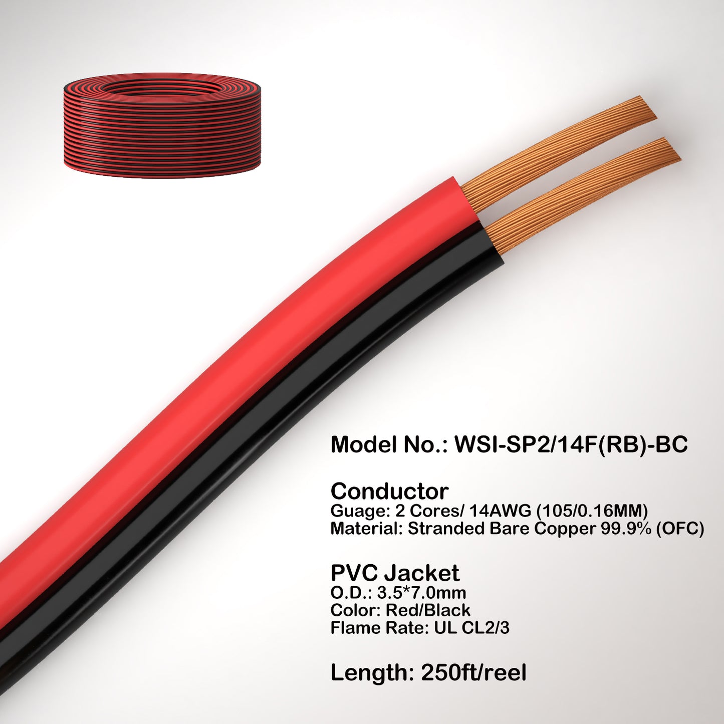 Speaker wire red and black or Transparent Jacket 2 cores 14AWG Oxygen-Free Copper 99.99% OFC CL2/CL3 for home theatre