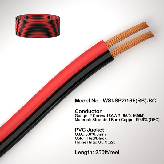 Speaker wire red and black or Transparent Jacket 2 cores 16AWG  Oxygen-Free Copper 99.99% OFC CL2/CL3  for home theatre
