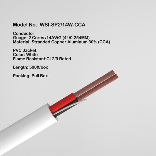 In Wall Speaker wire 2 cores 14AWG Copper Clad Aluminum CCA for home theater 500ft CL2/CL3 Rated Jacket