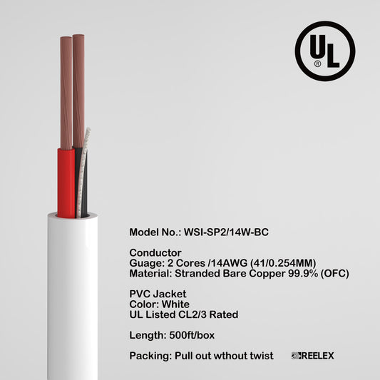 In Wall Speaker wire UL CL2/3 Certified 2 cores 14AWG Copper Oxygen-Free Copper 99.99% OFC for home theater 500ft