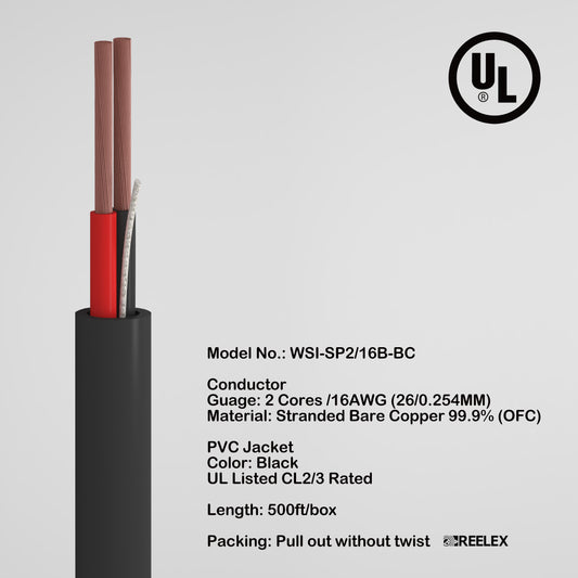 In Wall Speaker wire UL CL2/3 Certified 2 cores 16AWG Copper Oxygen-Free Copper 99.99% OFC for home theater 500ft