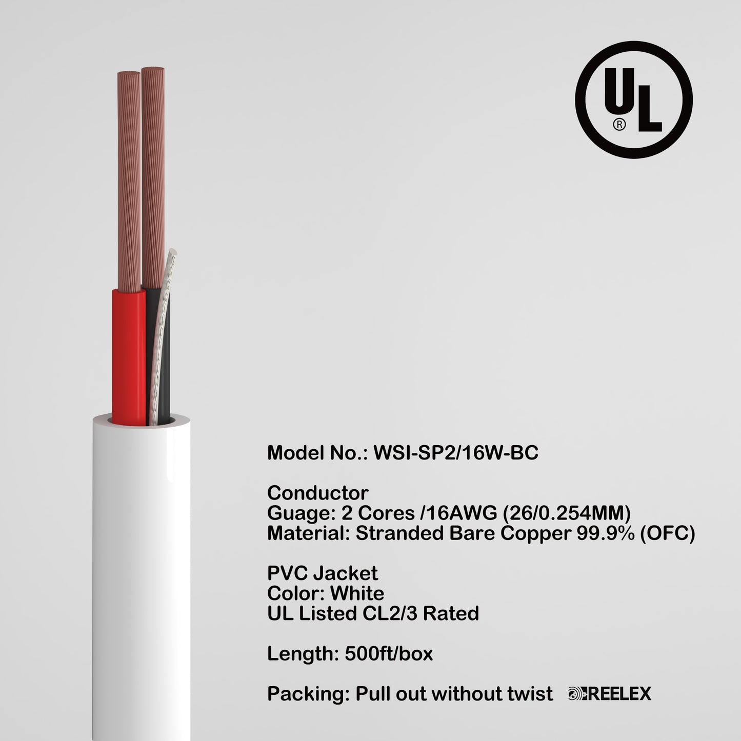 In Wall Speaker wire UL CL2/3 Certified 2 cores 16AWG Copper Oxygen-Free Copper 99.99% OFC for home theater 500ft