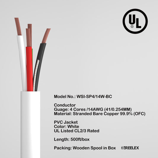In Wall Speaker wire UL CL2/3 Certified 4 cores 14AWG Copper Oxygen-Free Copper 99.99% OFC for home theater 500ft