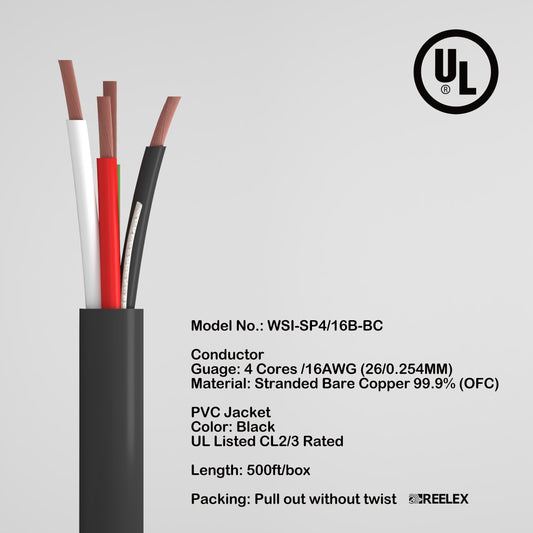 In Wall Speaker wire UL CL2/3 Certified 4 cores 16AWG Copper Oxygen-Free Copper 99.99% OFC for home theater 500ft