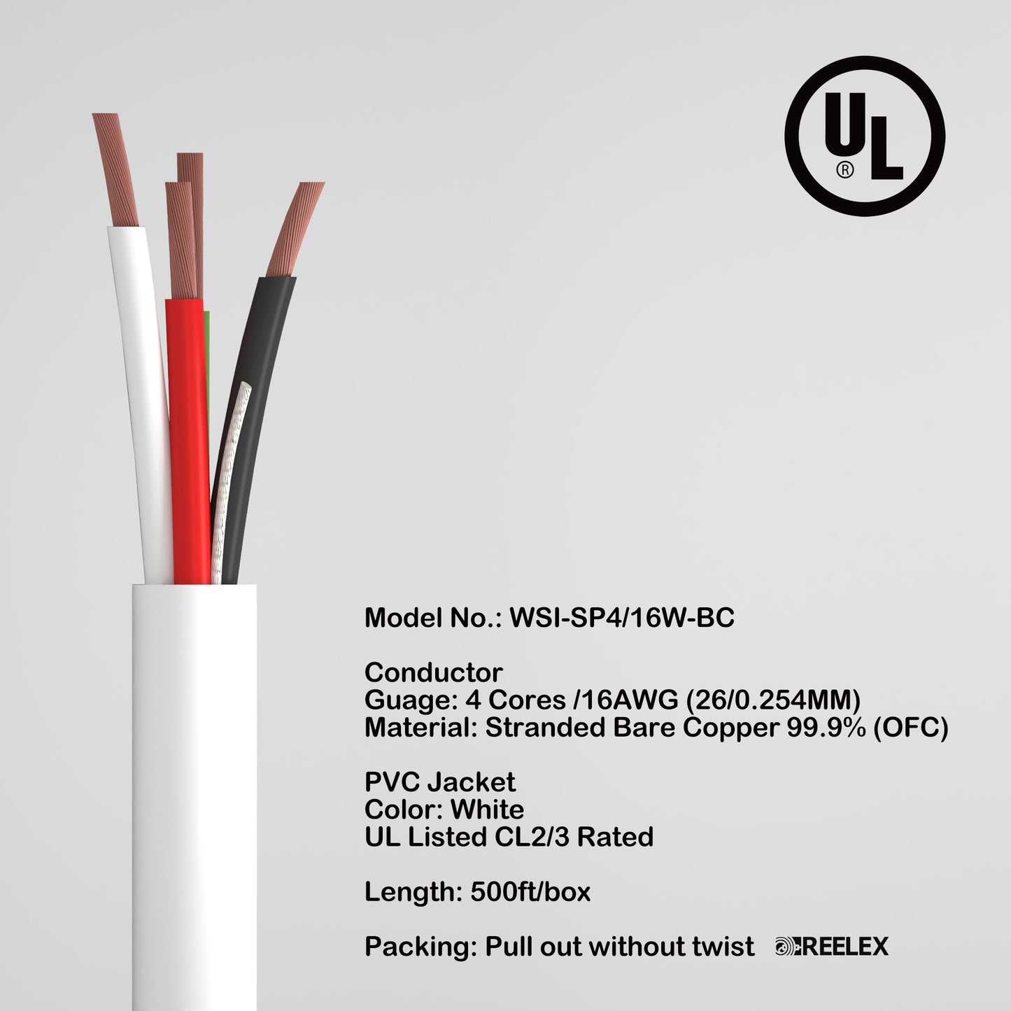 In Wall Speaker wire UL CL2/3 Certified 4 cores 16AWG Copper Oxygen-Free Copper 99.99% OFC for home theater 500ft