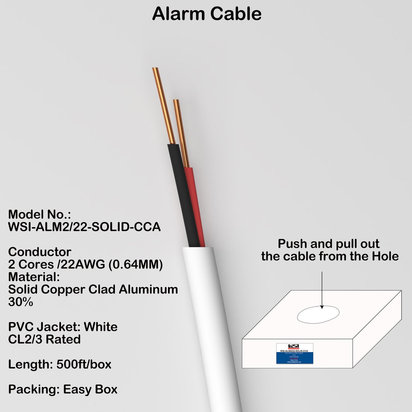 Alarm Security Cable 2cores 22AWG Solid CCA CL2/3 Rated 500ft white color