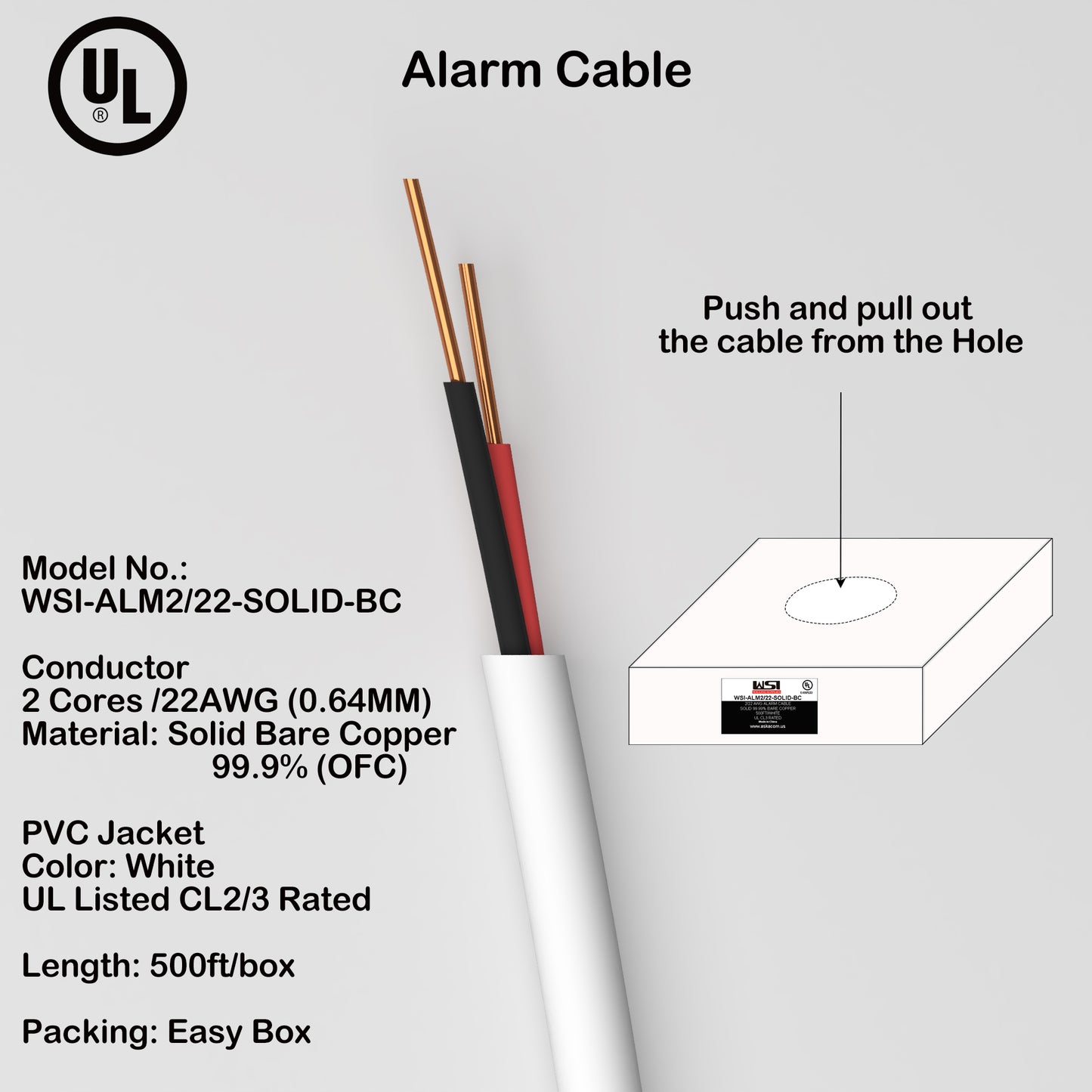 Alarm Security Cable 2cores 22AWG Solid Bare Copper UL CL2/3 Rated 500ft white color