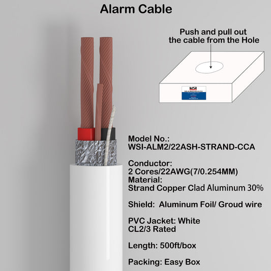 Alarm Security Cable 2cores 22AWG Strand CCA Al foil shield and Ground wire CL2/3 Rated 500ft white color