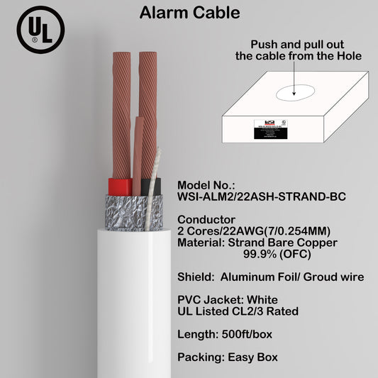 Alarm Security Cable 2cores 22AWG Strand Bare Copper Al-foil shield and Ground UL CL2/3 Rated 500ft white color