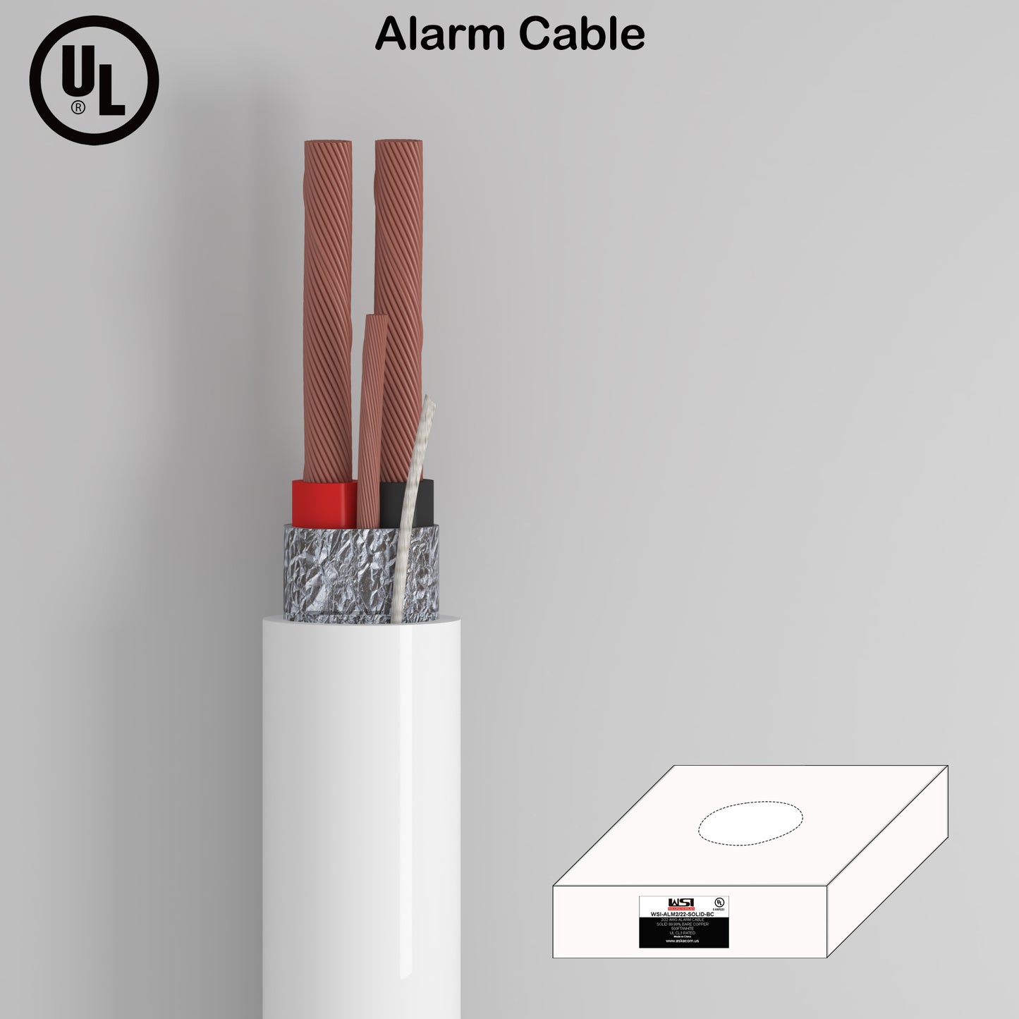 Alarm Security Cable 2cores 22AWG Strand Bare Copper Al-foil shield and Ground UL CL2/3 Rated 500ft white color