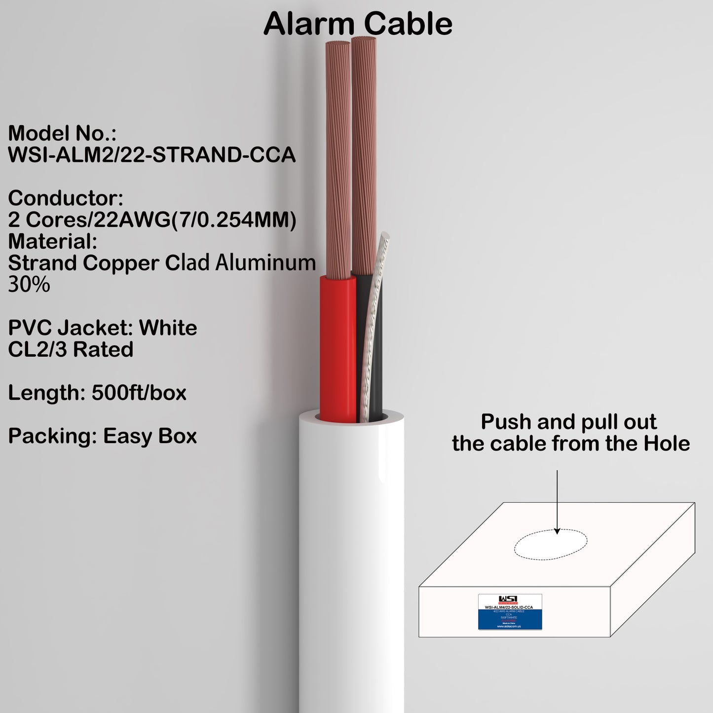 Alarm Security Cable 2cores 22AWG Strand CCA CL2/3 Rated 500ft white color