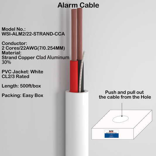 Alarm Security Cable 2cores 22AWG Strand CCA CL2/3 Rated 500ft white color