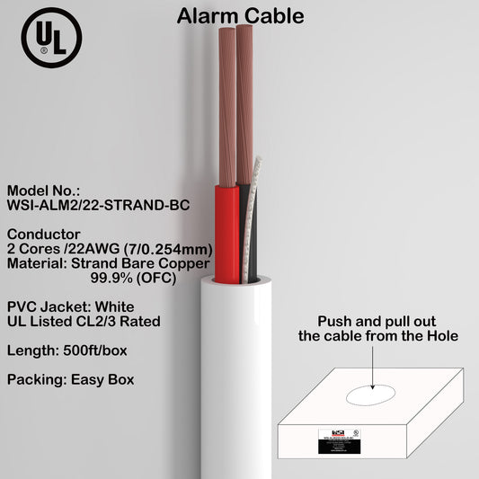 Alarm Security Cable 2cores 22AWG Strand Bare Copper UL CL2/3 Rated 500ft white color