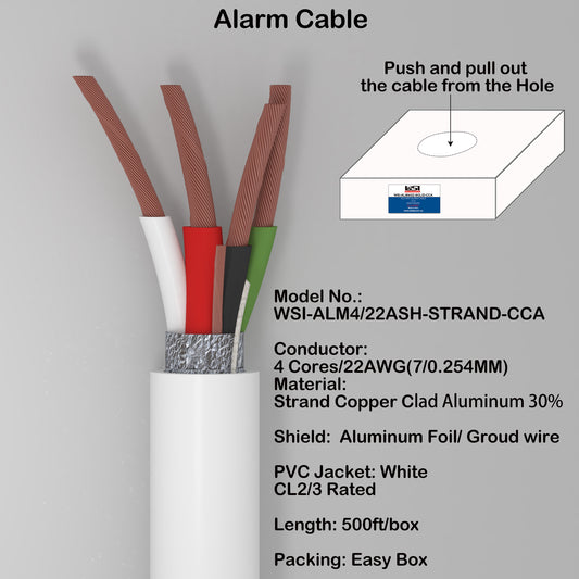 Alarm Security Cable 4cores 22AWG Strand CCA Al foil shield and Ground wire CL2/3 Rated 500ft white color