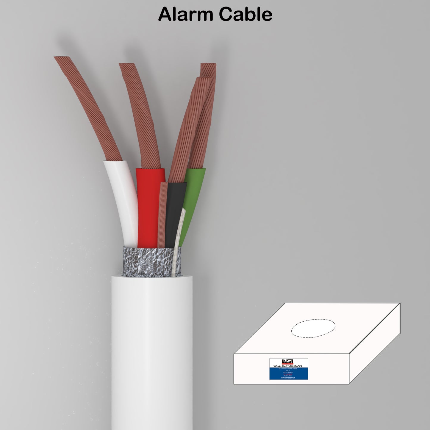 Alarm Security Cable 4cores 22AWG Strand CCA Al foil shield and Ground wire CL2/3 Rated 500ft white color