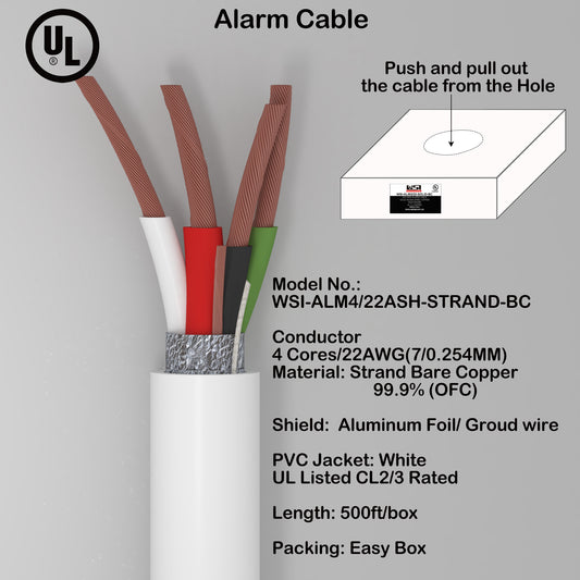 Alarm Security Cable 4cores 22AWG Strand Bare Copper Al-Foil shield and Ground UL CL2/3 Rated 500ft white color
