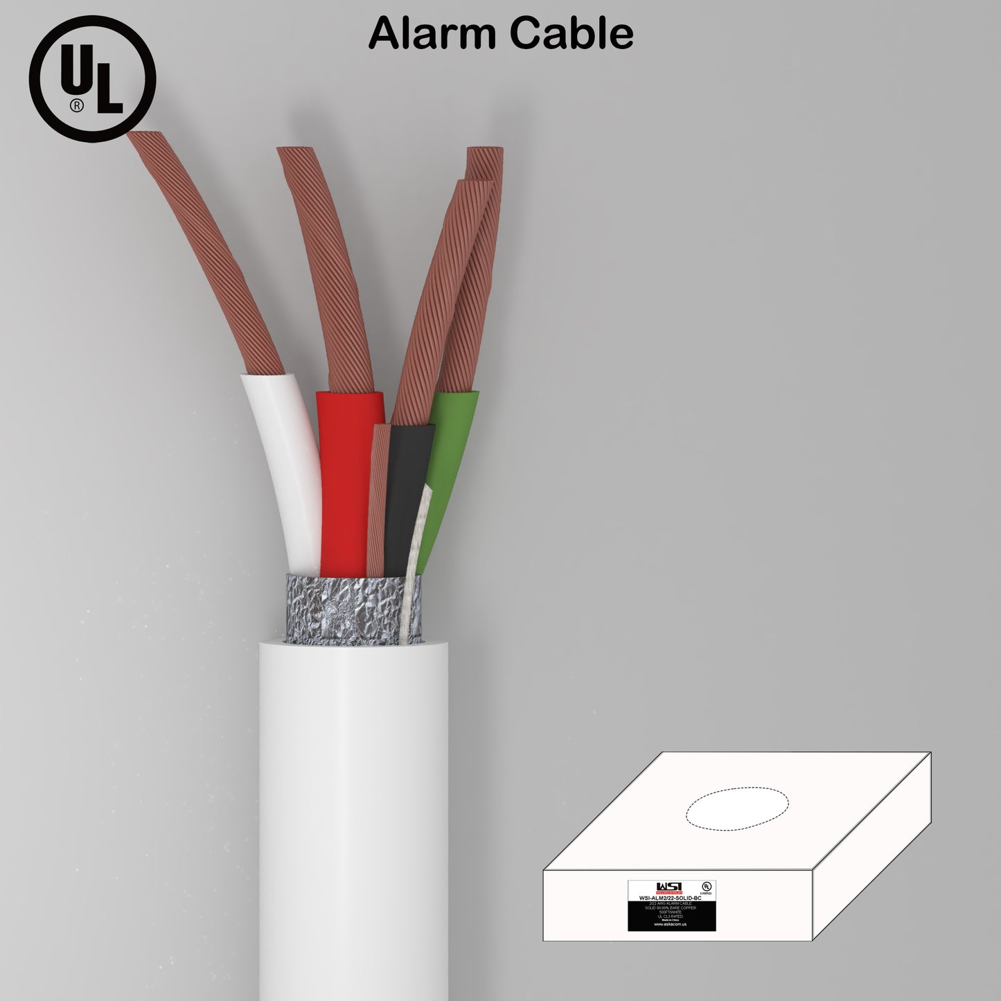 Alarm Security Cable 4cores 22AWG Strand Bare Copper Al-Foil shield and Ground UL CL2/3 Rated 500ft white color