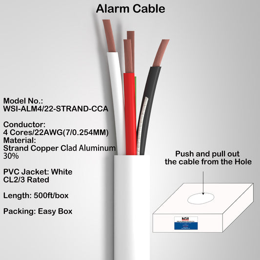 Alarm Security Cable 4cores 22AWG Strand CCA CL2/3 Rated 500ft white color