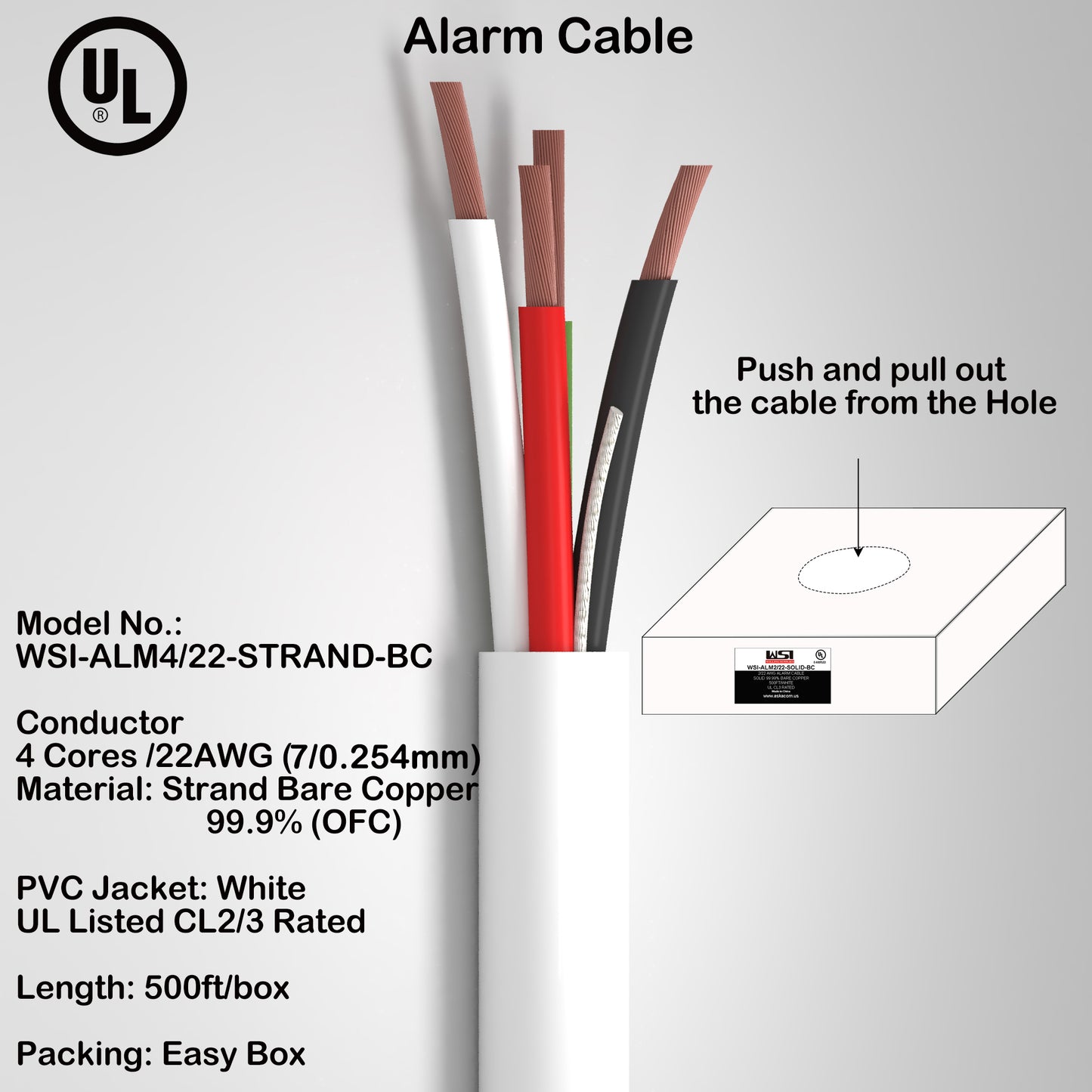 Alarm Security Cable 4cores 22AWG Strand Bare Copper UL CL2/3 Rated 500ft white color