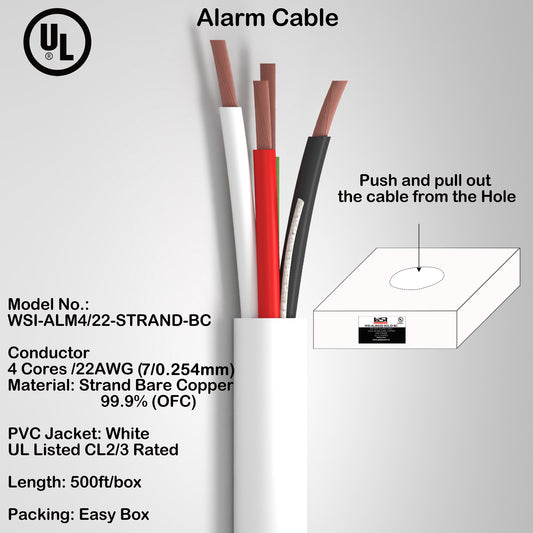 Alarm Security Cable 4cores 22AWG Strand Bare Copper UL CL2/3 Rated 500ft white color