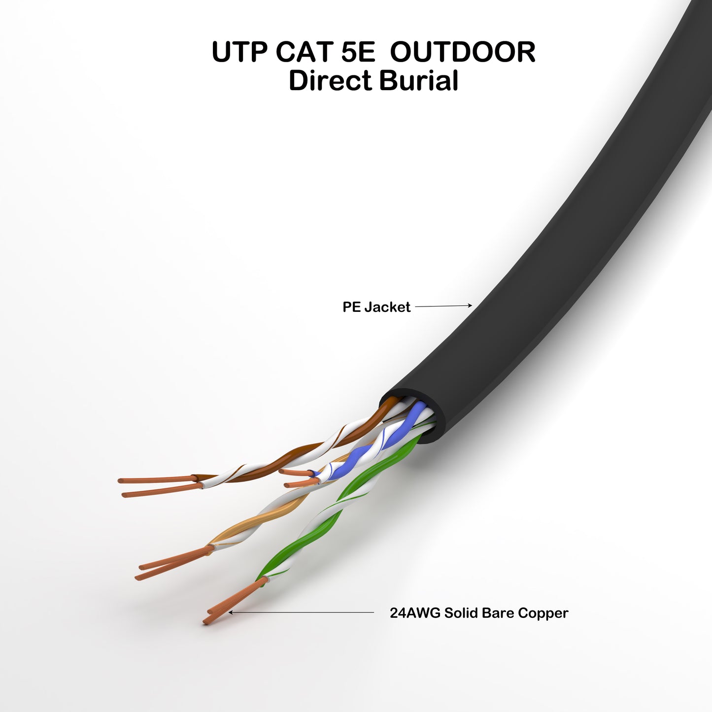 Ethernet Cable Direct Burial UTP CAT 5E Bare Copper PE black color 1000ft