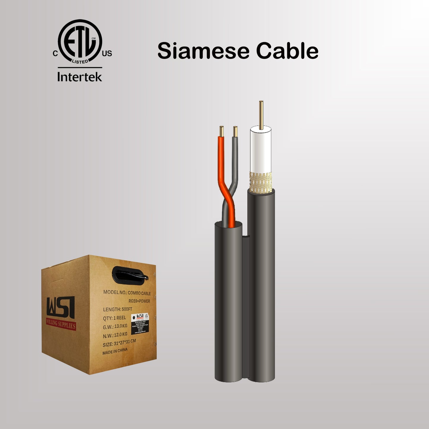 Siamese Cable Bare Copper ETL Certified CM Rated RG59 + 18AWG DC power for Security Camera system